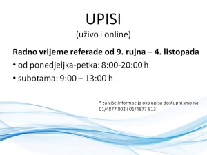 Radno vrijeme referade za vrijeme upisa